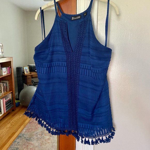 New York & Company Royal Blue Tank Top with Fringe [L] - Picture 1 of 5